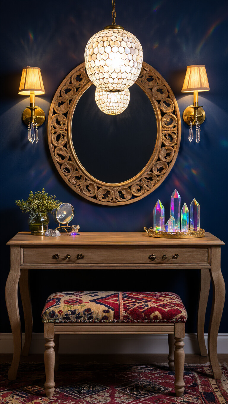 Dreamy nighttime vanity with capiz shell pendant, vintage mirror, brass sconces, kilim bench, and rainbow crystal light effects in indigo and gold tones.