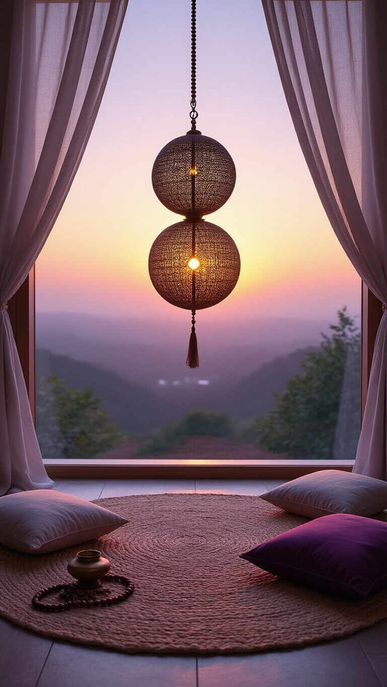 Peaceful corner meditation space at dawn with low-angle view, featuring large woven pendant light, round jute rug, silk and velvet floor cushions, prayer beads, incense holder, and soft purple-gold light filtering through gauzy curtains.