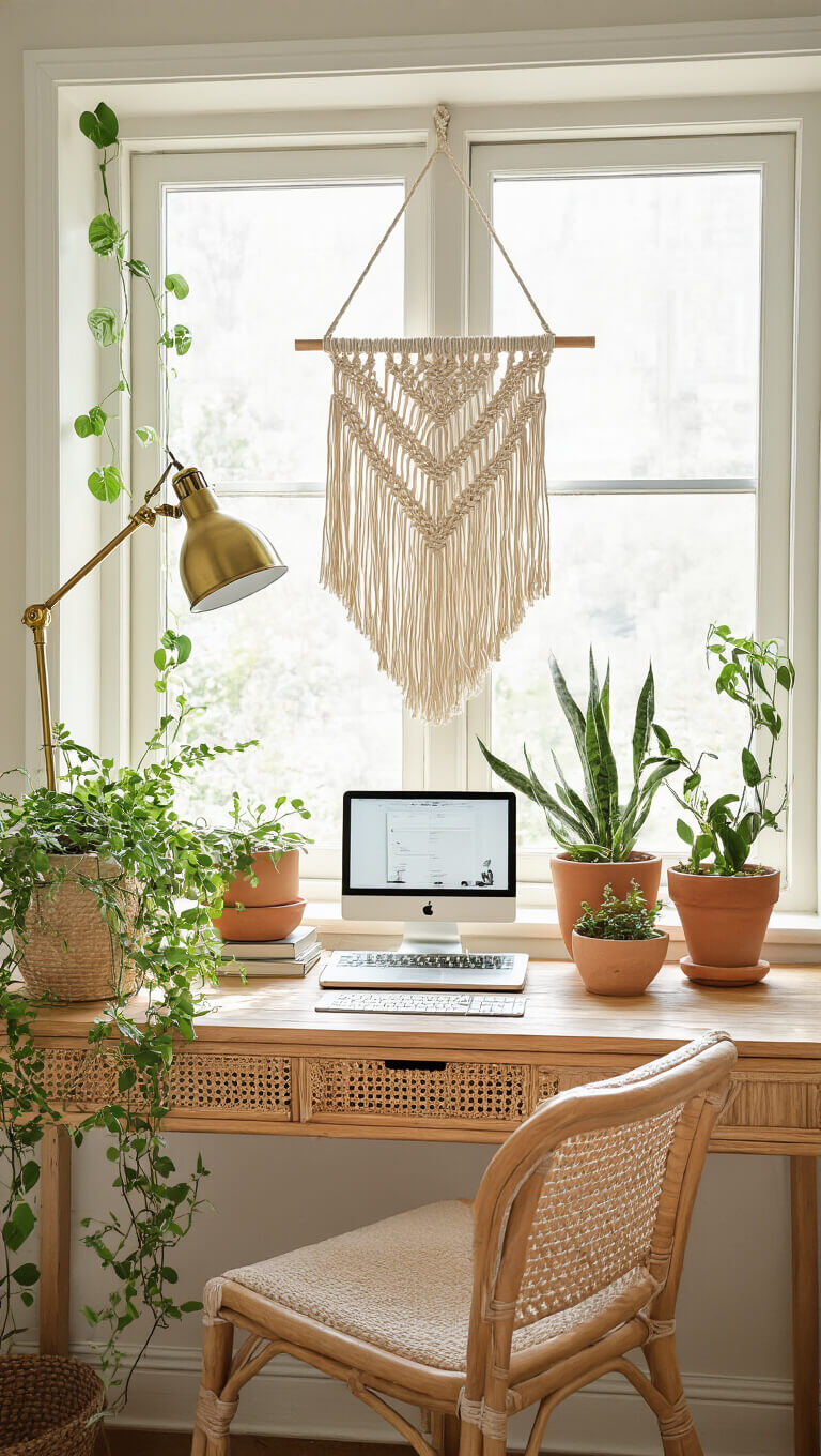 Bright bedroom workspace with macramé wall hanging, rattan desk under window, brass task lamp, trailing plants in clay pots, and cream-toned natural decor.