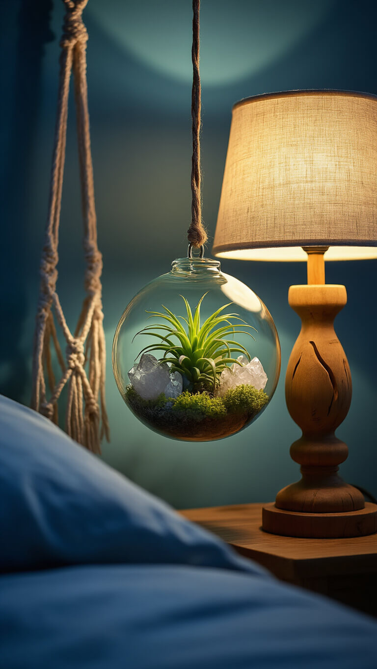Cozy bedside at blue hour with hanging terrarium, wooden lamp, crystals, and macramé plant hangers in soft focus.
