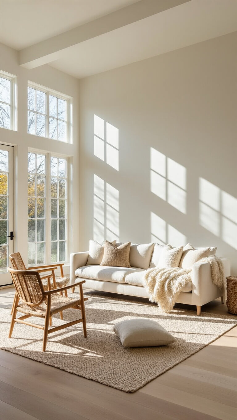 Sunlit living room with ivory linen sofa, wishbone chairs, and oak floors, viewed from low corner angle with morning light streaming through tall windows.