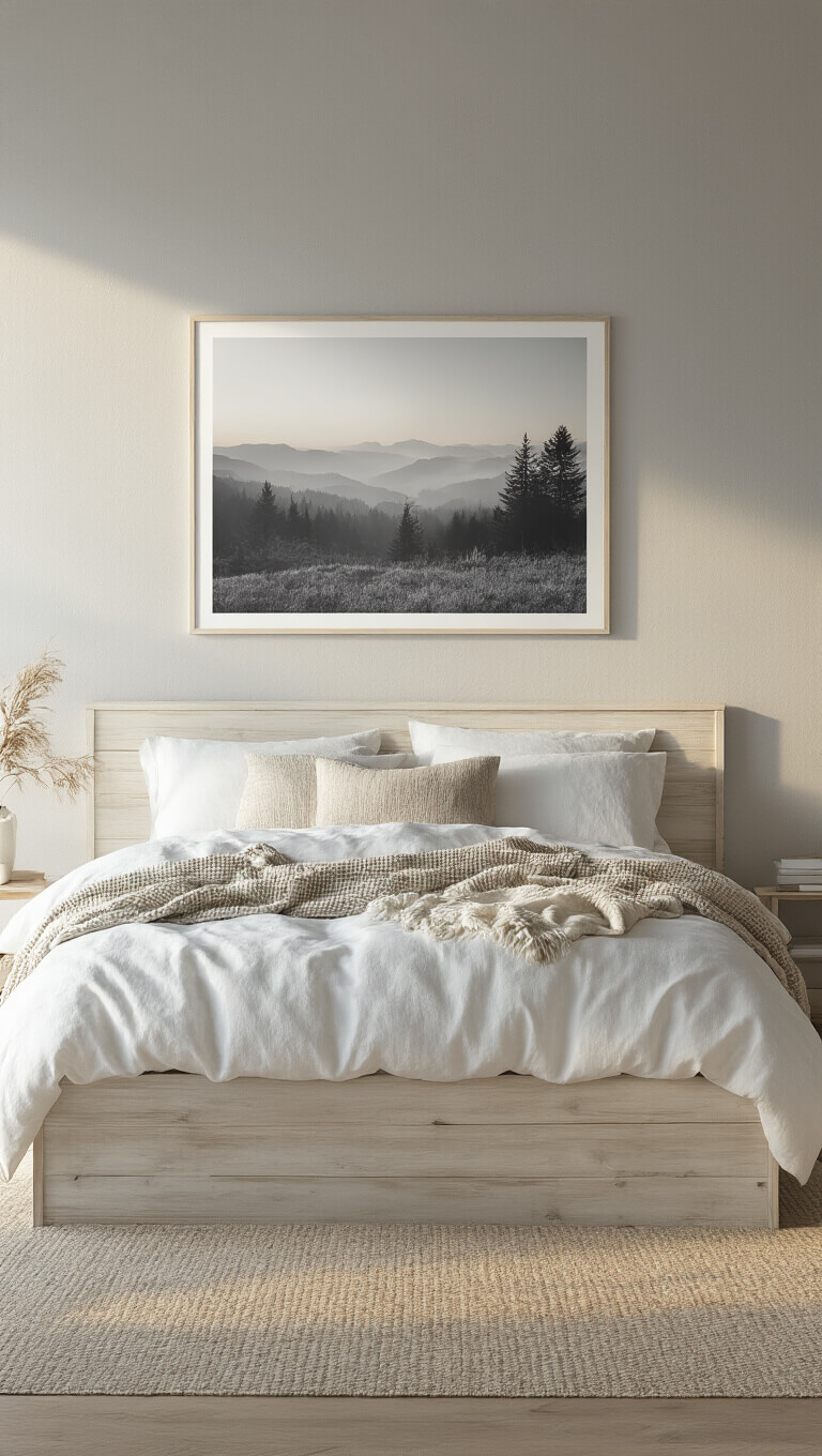 Minimalist 12x14ft bedroom with whitewashed platform bed, neutral bedding, and large black and white nature photo above headboard, lit by golden hour sunlight.