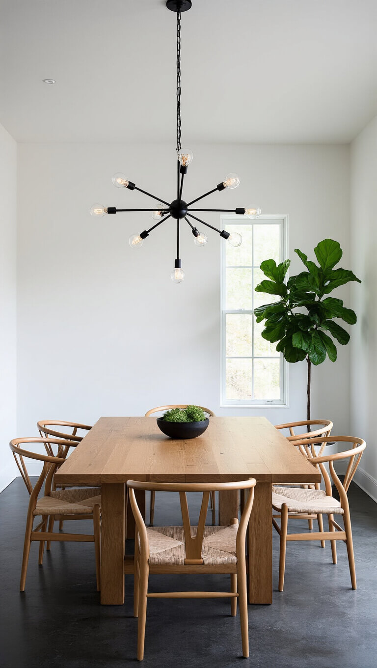 Modern dining room with oak table, wishbone chairs, and black chandelier over charcoal concrete floors.