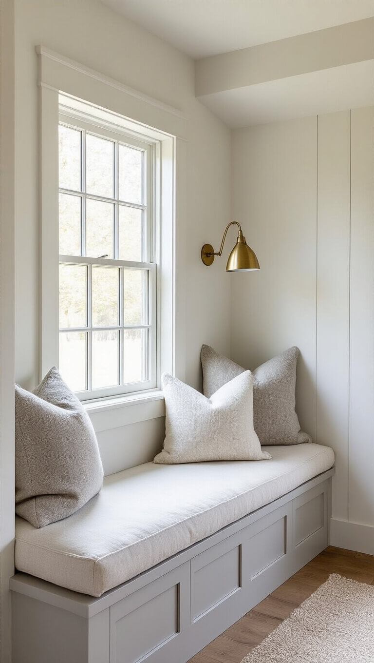 Cozy 10x12ft reading nook with built-in window seat, white textured walls, gray wood paneling, natural linen cushions, cream and gray wool pillows, brass reading lamp, and soft late-day sunlight.