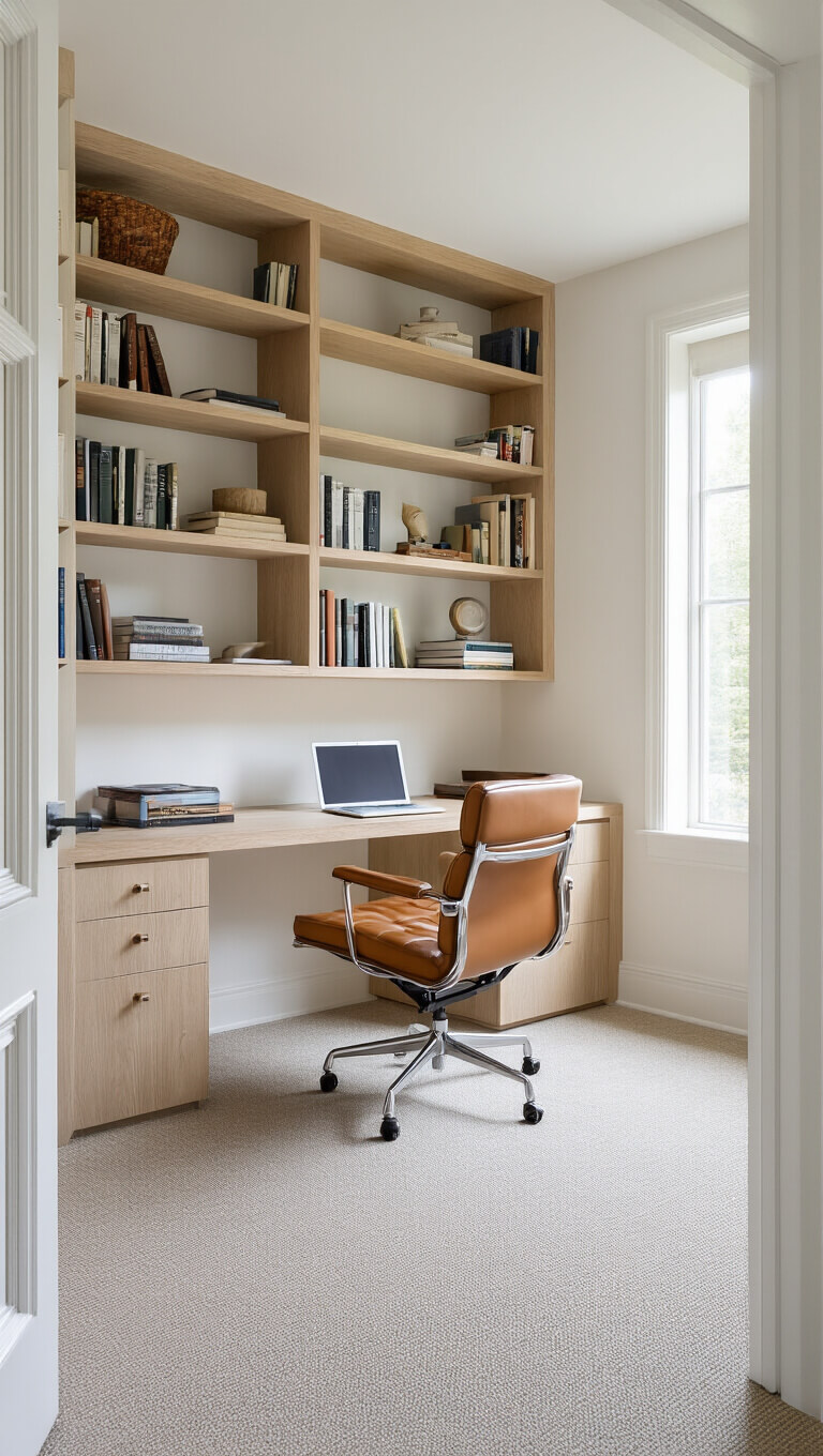 Bright home office with bleached oak bookshelves, floating desk, Eames chair, and large window.