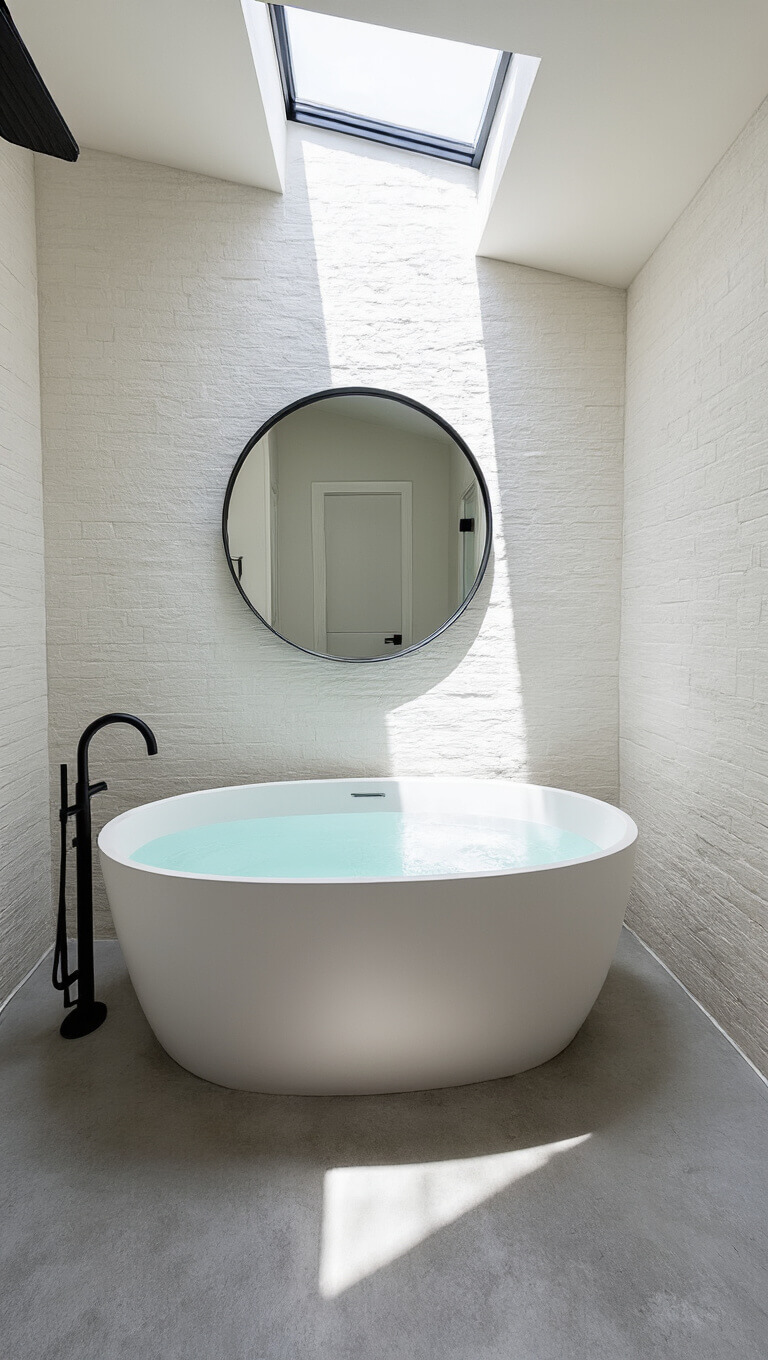 Modern 8x10ft bathroom with freestanding oval tub, black fixtures, round mirror, and skylight casting shadows on white tile and concrete floor.