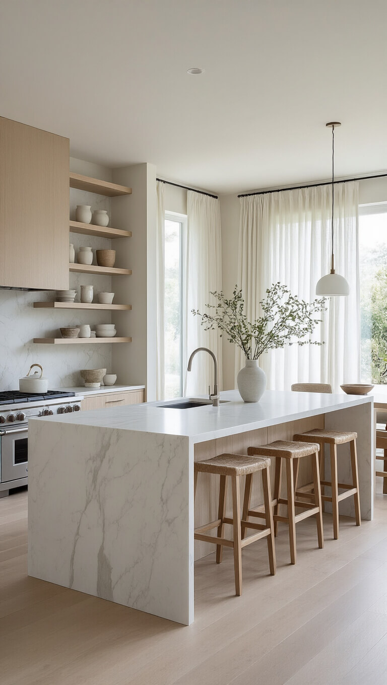 Modern open-concept kitchen with pale ash wood cabinets, white marble waterfall island, and soft natural light through sheer curtains.