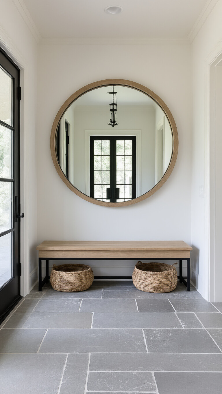 Entryway with natural oak and black metal bench, round mirror, limestone floor, and woven basket, lit by natural light.