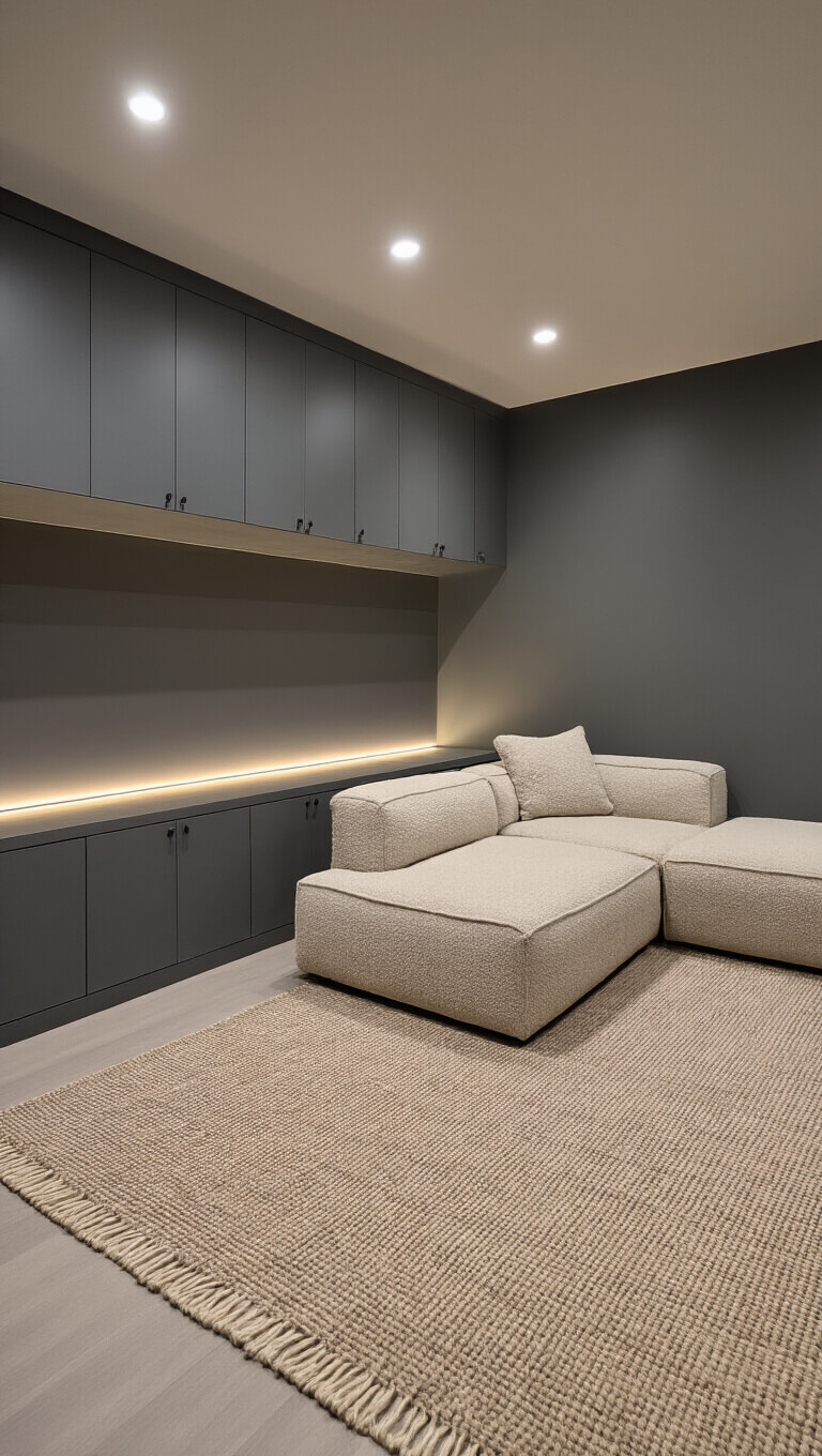 Minimalist 16x20ft media room with oatmeal bouclé sectional, slate gray accent wall, built-in storage, geometric wool rug, and warm ambient evening lighting.