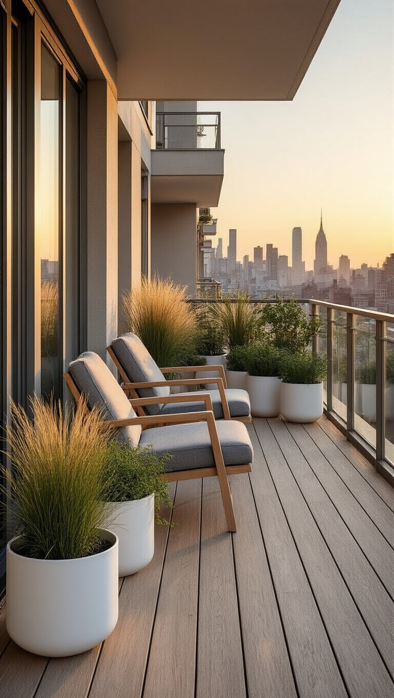 Modern balcony with lounge chairs, potted plants, and city view at golden hour, seen from inside through wide-angle lens.