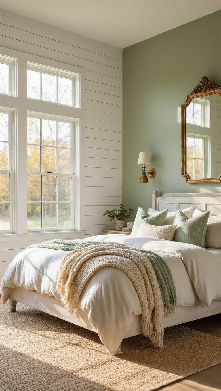 Photorealistic farmhouse bedroom with a white oak king bed, ivory linens, and sage accents bathed in golden hour sunlight through west-facing windows.