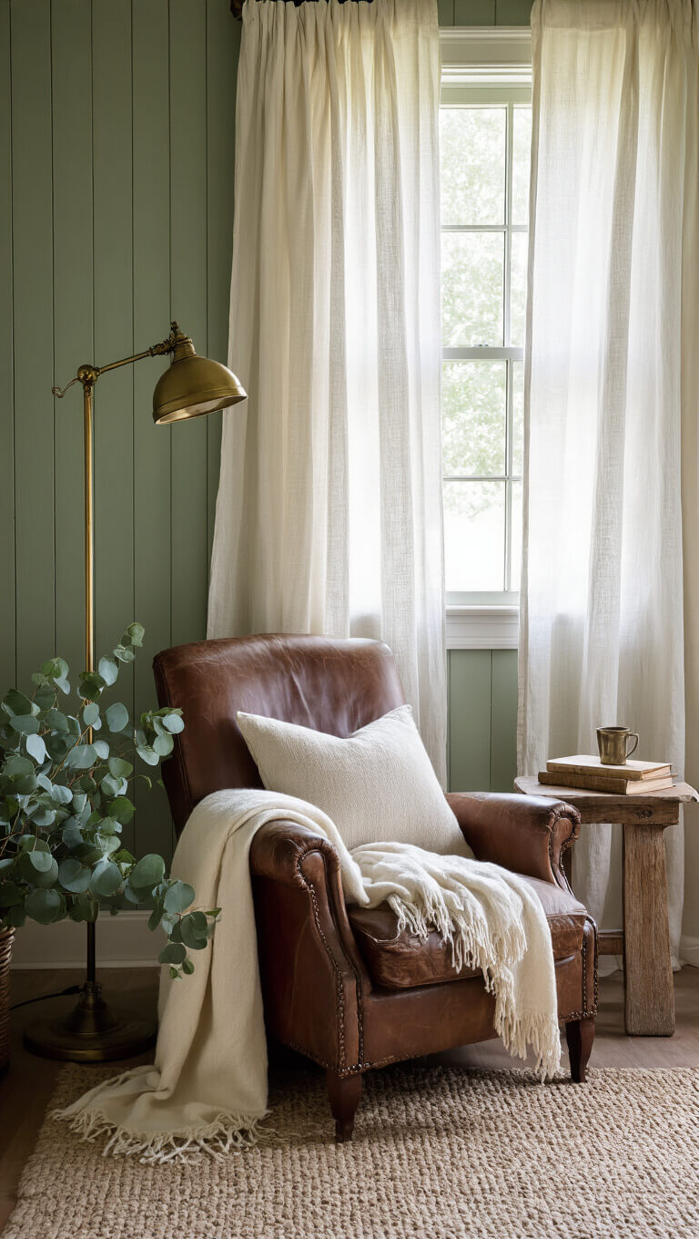 Cozy farmhouse bedroom reading nook with leather armchair, sage green walls, and morning light through sheer curtains.