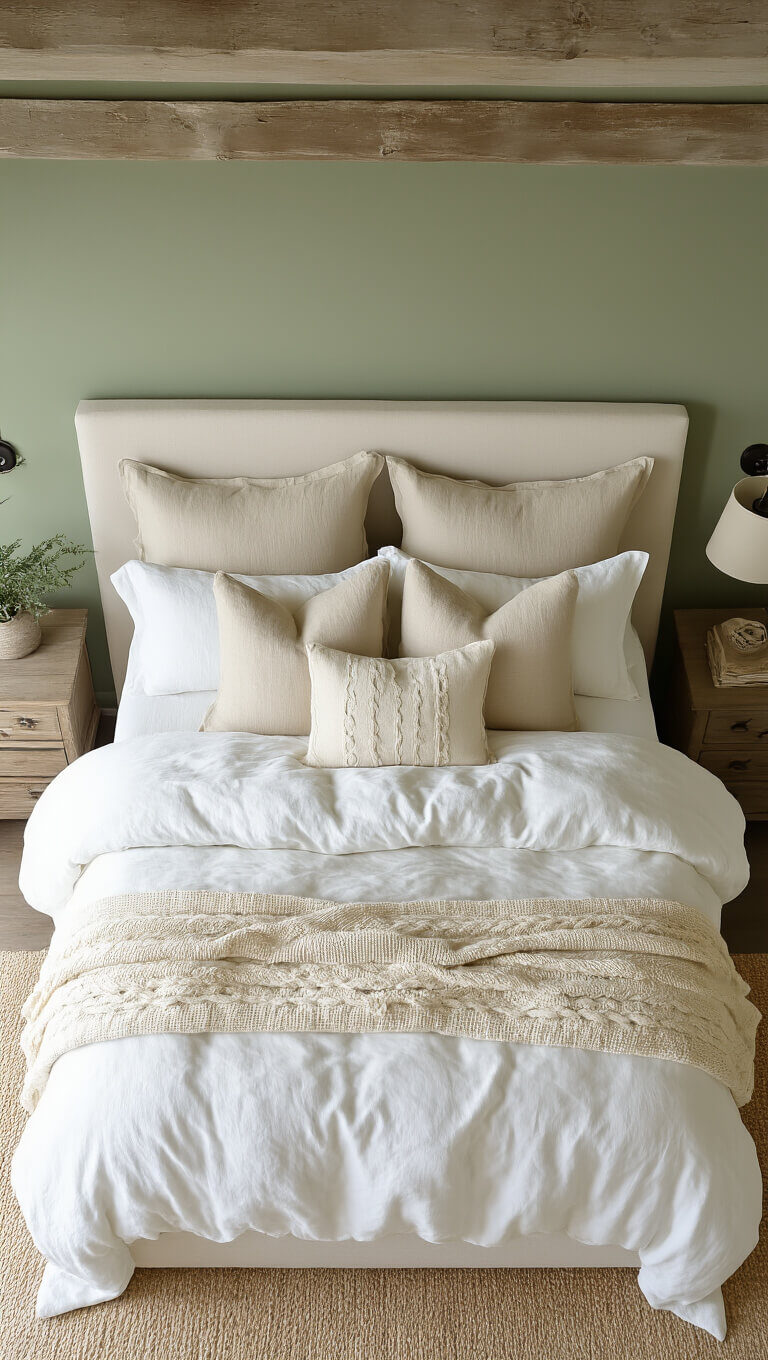 Overhead view of a farmhouse bed with white duvet, beige and cream pillows and throws, set against sage green walls and distressed wood ceiling beams.