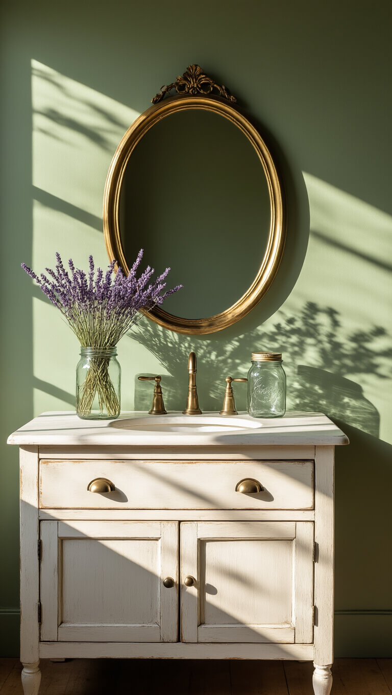 Farmhouse vanity with whitewashed wood and mason jars of dried lavender against a sage green wall, bathed in warm late afternoon light with soft shadows.