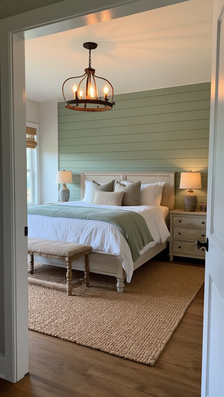 Cozy farmhouse bedroom with sage green shiplap accent wall, king bed, vintage lighting, jute rug, and rustic decor at dusk.