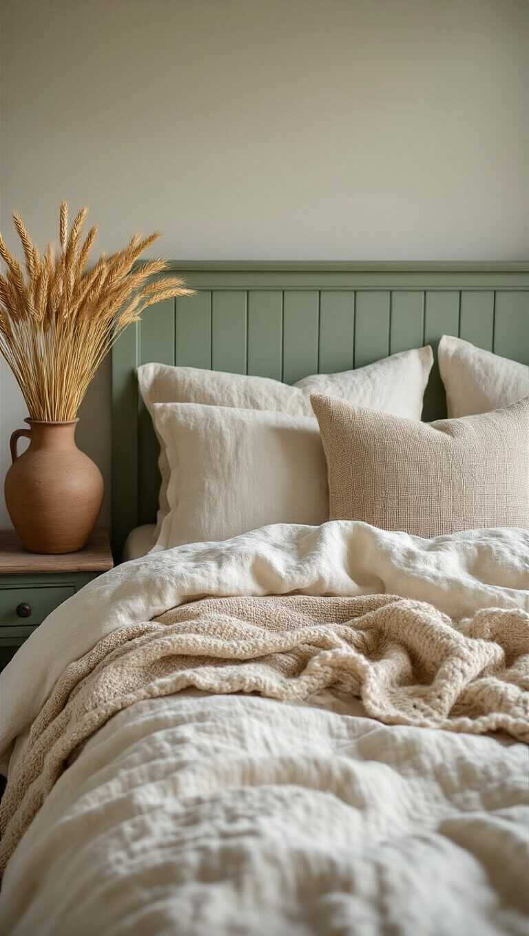 Close-up of rumpled vanilla cream linen bedding with hand-knit throws and vintage pillows, beside dried wheat in vase on nightstand.