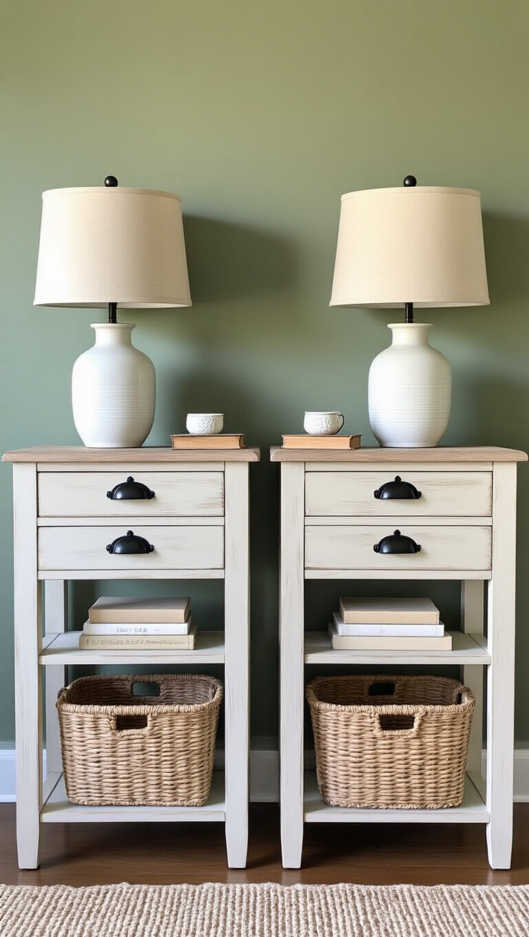 Symmetrical twin farmhouse nightstands with white ceramic lamps and vintage books, set against a sage green wall at golden hour.
