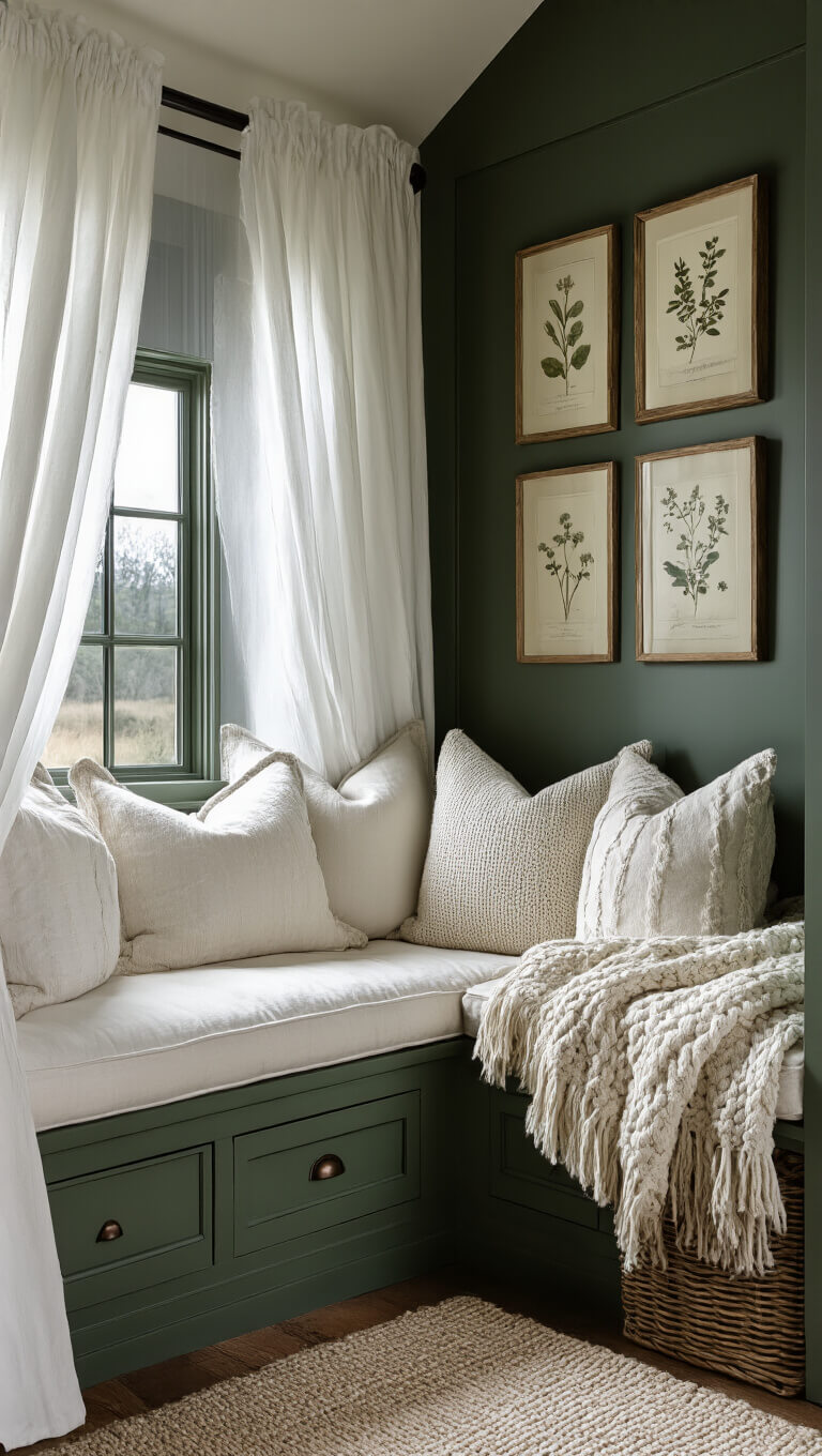 Moody evening view of farmhouse window seat with sage green bench, ivory cushions, cable knit throws, and moonlight filtering through white curtains.