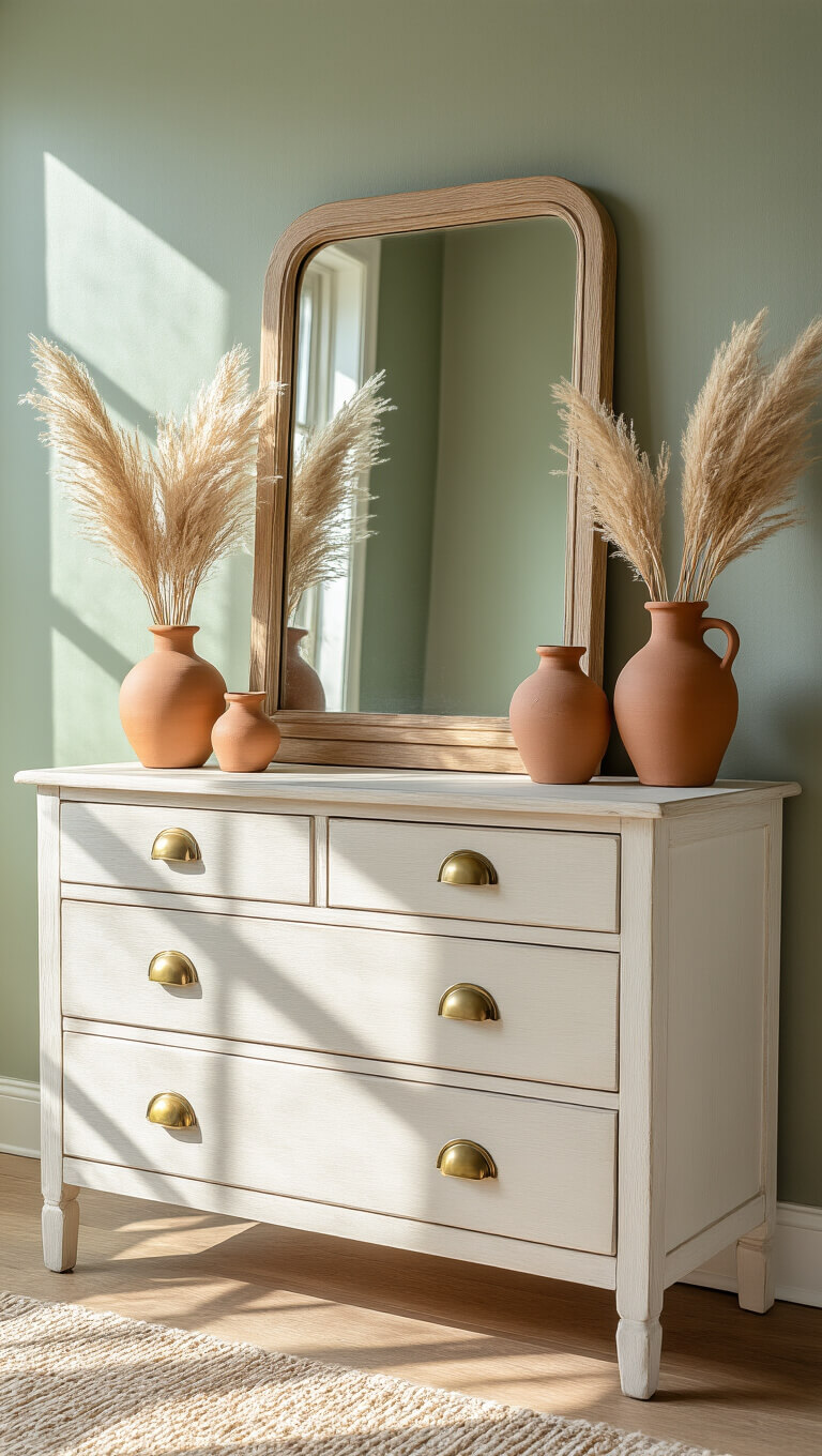 White oak farmhouse dresser with brass hardware in morning light, styled with vintage mirror, clay vases, and dried pampas grass against sage green wall.