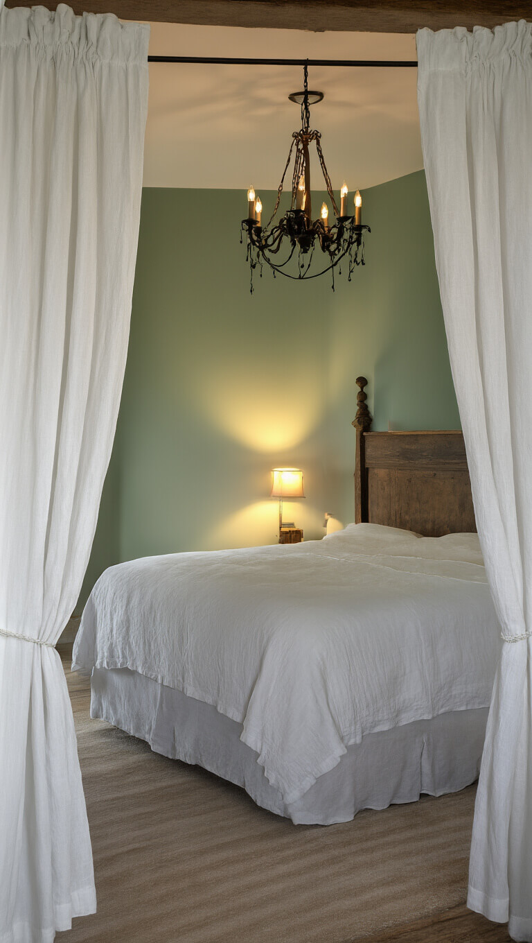 Twilight view of farmhouse bedroom from bathroom, sage green accent wall glowing under warm lamp, white linen curtains billowing, rustic chandelier casting soft light, creating a peaceful, dreamy silhouette ambiance.