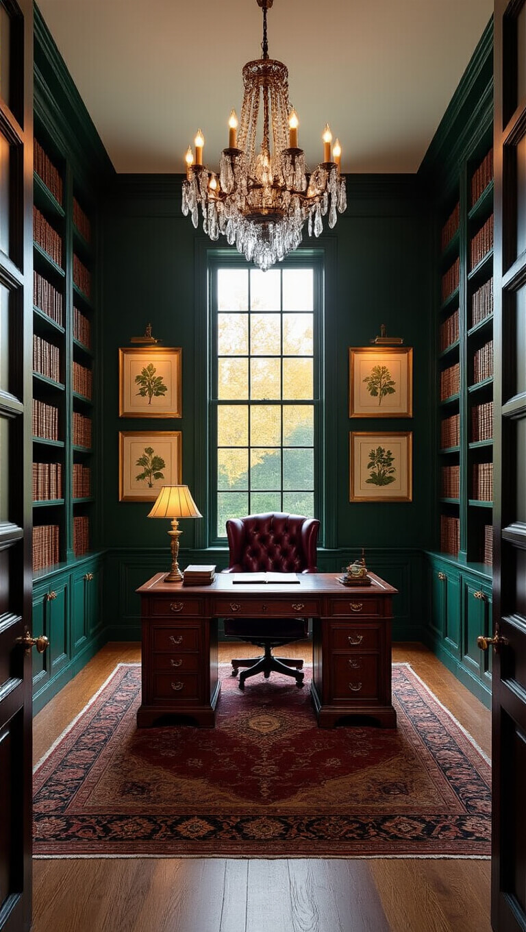 Luxurious study with mahogany desk, burgundy leather chair, emerald walls, vintage decor, and golden hour lighting through tall windows.