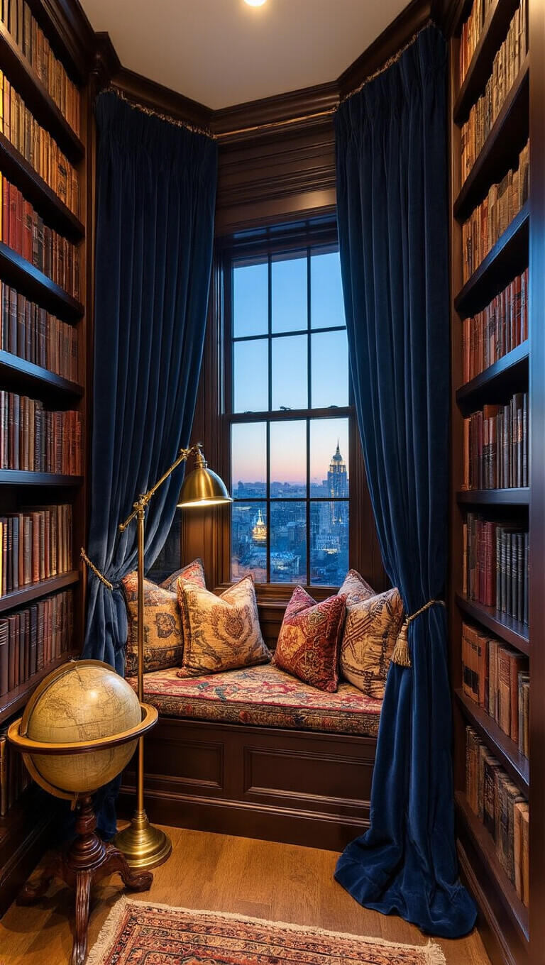 Cozy 12x12ft reading nook at dusk with navy velvet curtains, built-in bay window seat, warm brass lighting, color-organized bookshelf with ladder, and antique globe.
