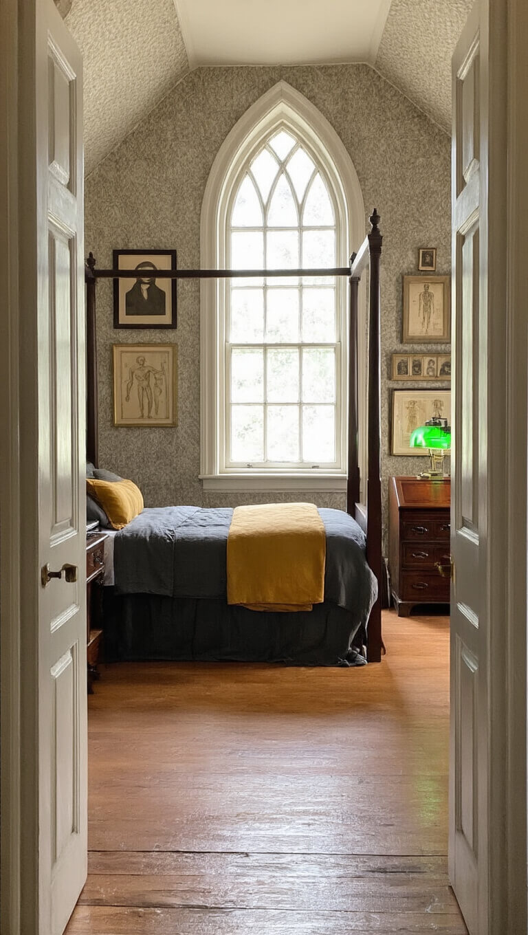 Moody midnight bedroom with dark four-poster bed, vintage desk under arched window, sepia gallery wall, and candlelit shadows on textured wallpaper.