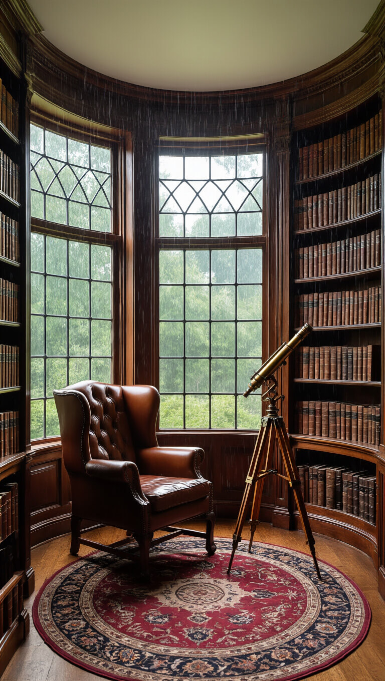 Victorian-style library alcove with curved bookshelves, leather wingback chair, brass telescope, and oriental rug, viewed from above during rainy afternoon.