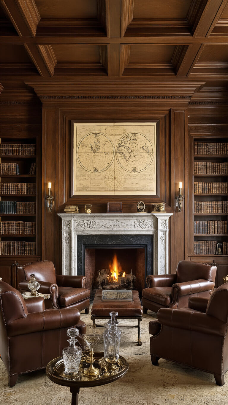 Scholar's living room with coffered ceiling, leather club chairs around marble fireplace, flanked by bookshelves with leather-bound books and brass decor, vintage maps on walls, and crystal decanters on tray at sunset.