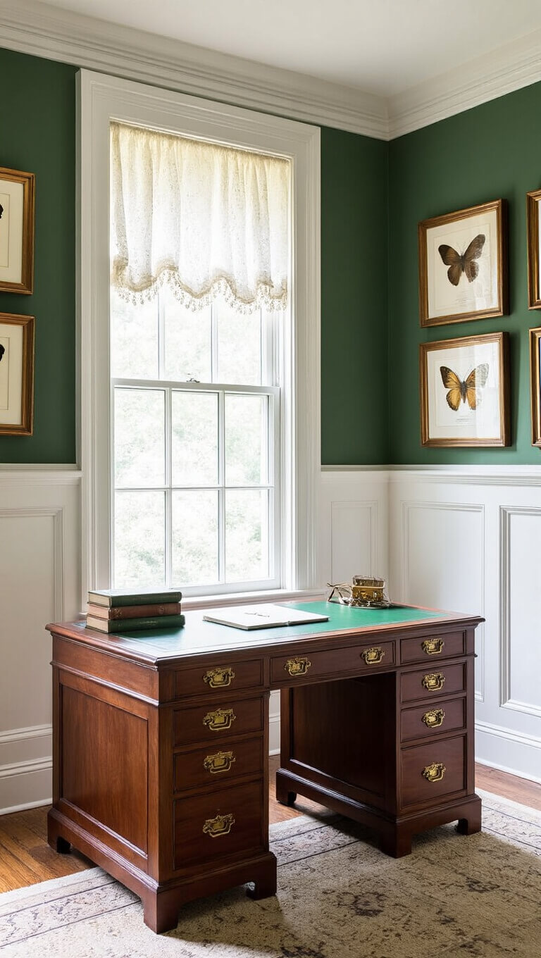 Academic home office with walnut desk under tall sash window, butterfly specimen gallery wall, vintage filing cabinet, and Oxford green walls above white wainscoting.