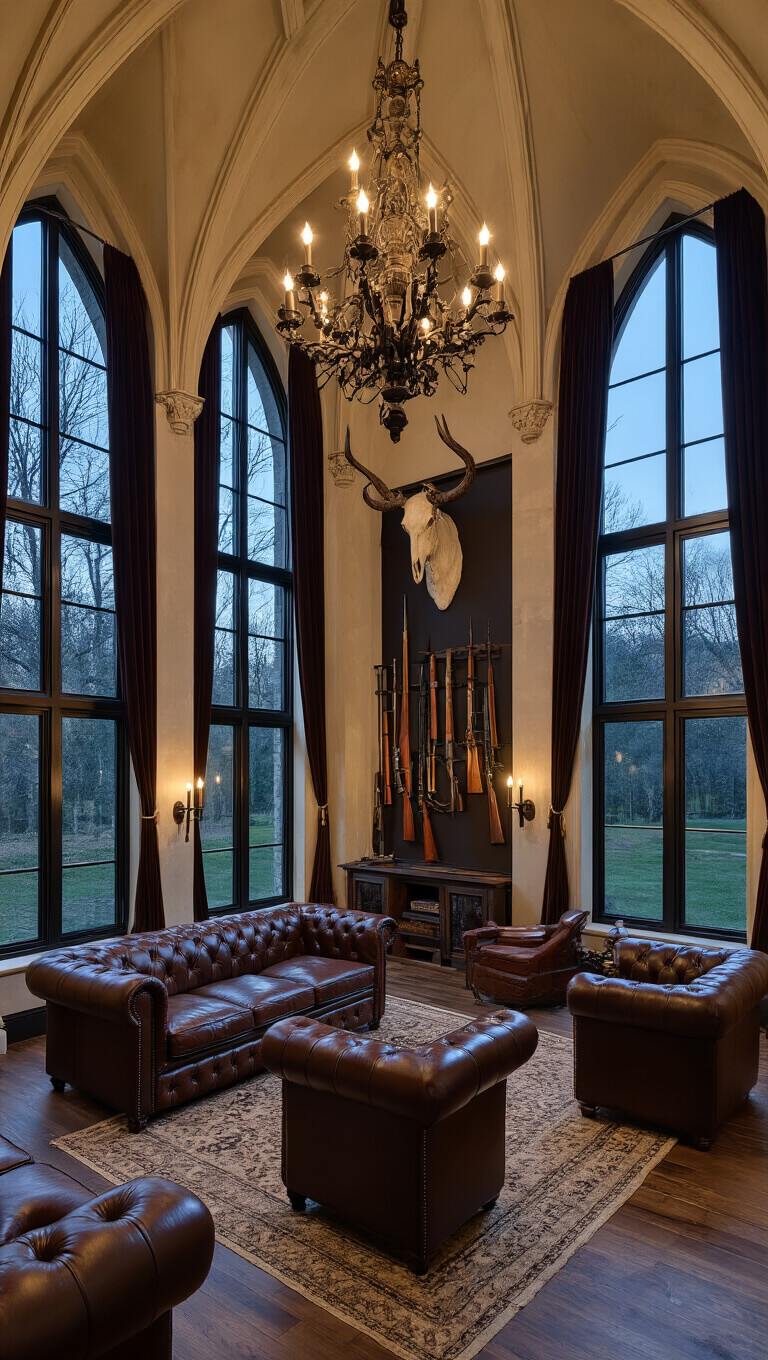 Gothic study lounge with vaulted ceiling, leather Chesterfield seating, arched windows with velvet drapes, antique decor, and chandelier, shot at twilight.