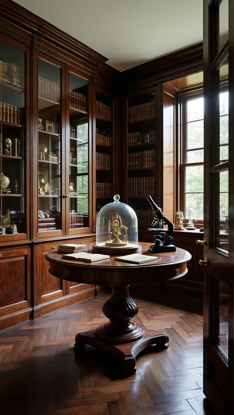 Collector's cabinet room with glass-fronted shelves of curiosities and books, central display table with glass cloches, vintage microscope on pedestal, and dark herringbone wood floors illuminated by morning light.