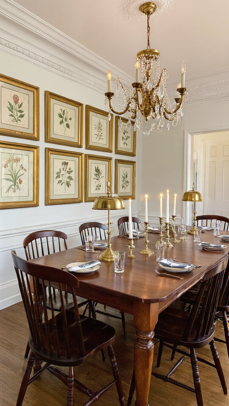 Candlelit academic dining room with long mahogany table, brass library lamps, and botanical prints on the wall, captured in warm low light.