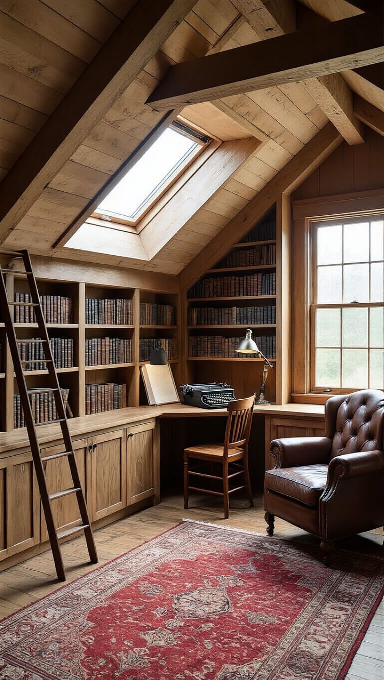 Cozy writer's attic retreat with exposed beams, dormer windows, and skylight above a writing desk; vintage typewriter, worn leather armchair, built-in bookshelves with ladder, and oriental rug on wide plank floors, all bathed in dawn light.