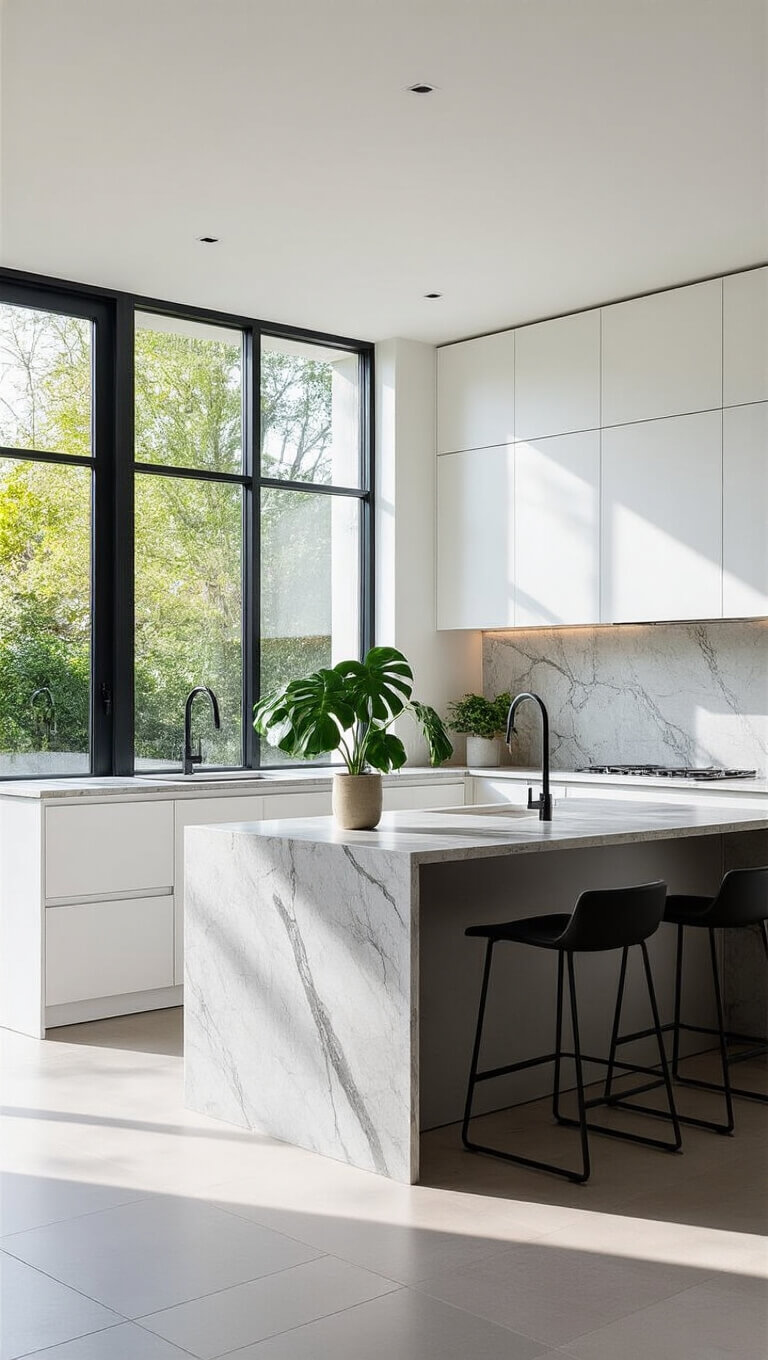Modern 15x20ft kitchen with white minimalist cabinets, grey marble backsplash, black waterfall island, floor-to-ceiling windows, and a potted monstera plant.
