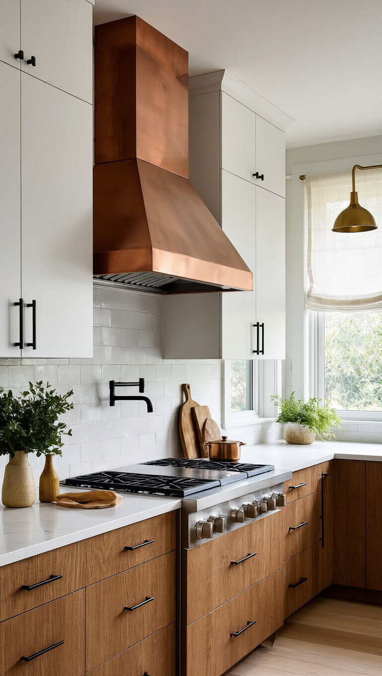 Contemporary 12x18ft kitchen with dusk light filtering through sheer curtains, warm wood lower cabinets, white floating uppers, a copper range hood over an induction cooktop, and mixed metal hardware in gold and black.