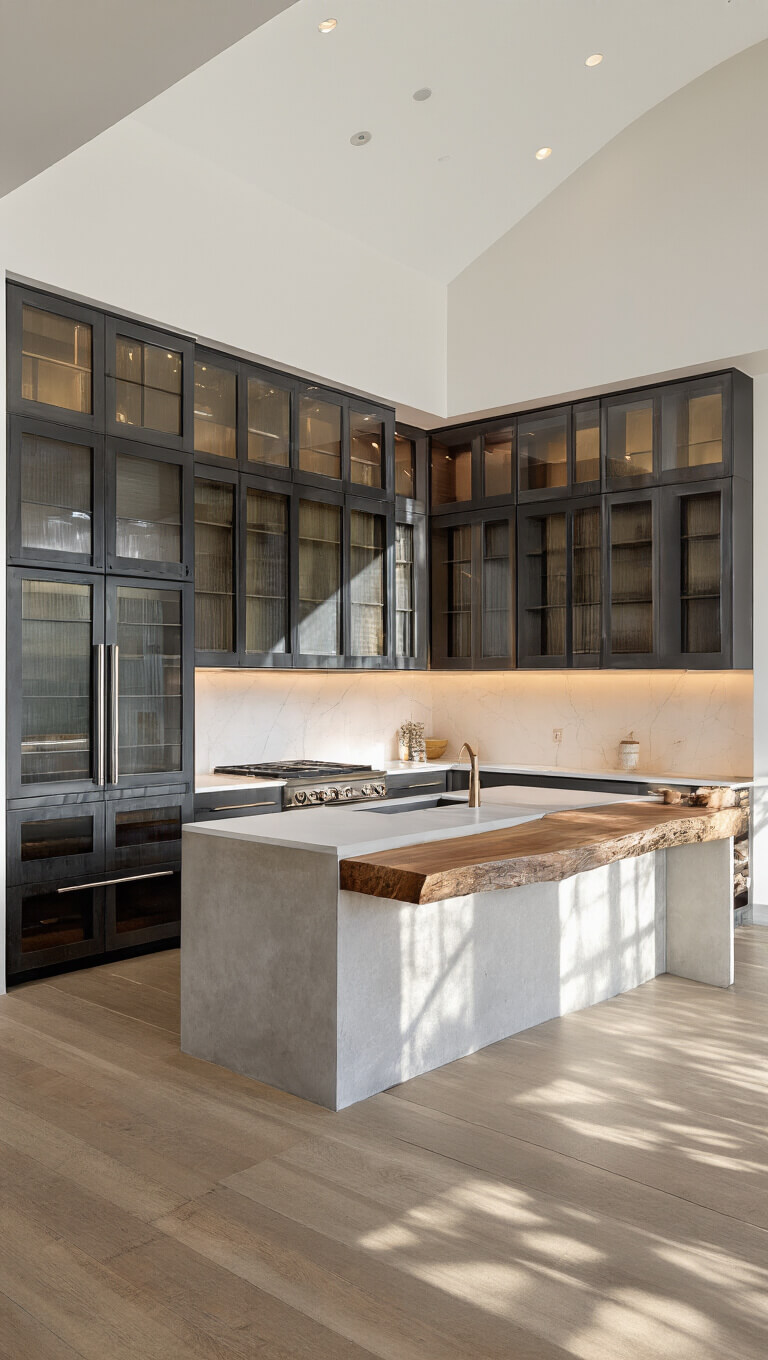 L-shaped kitchen with smoked glass cabinets, live-edge wood breakfast bar, white quartz countertops, and concrete island base, viewed from above with afternoon sun casting shadows.