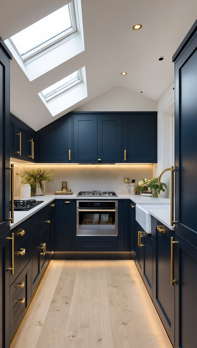 Moody galley kitchen with navy handleless cabinets, bleached oak floors, brass accents, and skylights, viewed from entrance with undercabinet lighting and integrated smart appliances.