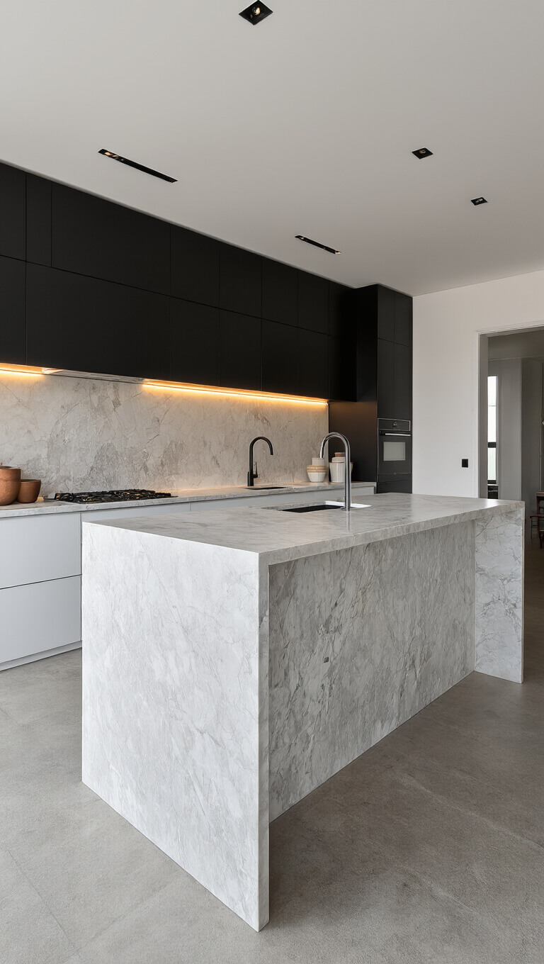 Modern open-concept kitchen with marble island, matte black cabinets, concrete floors, and soft natural and artificial lighting.