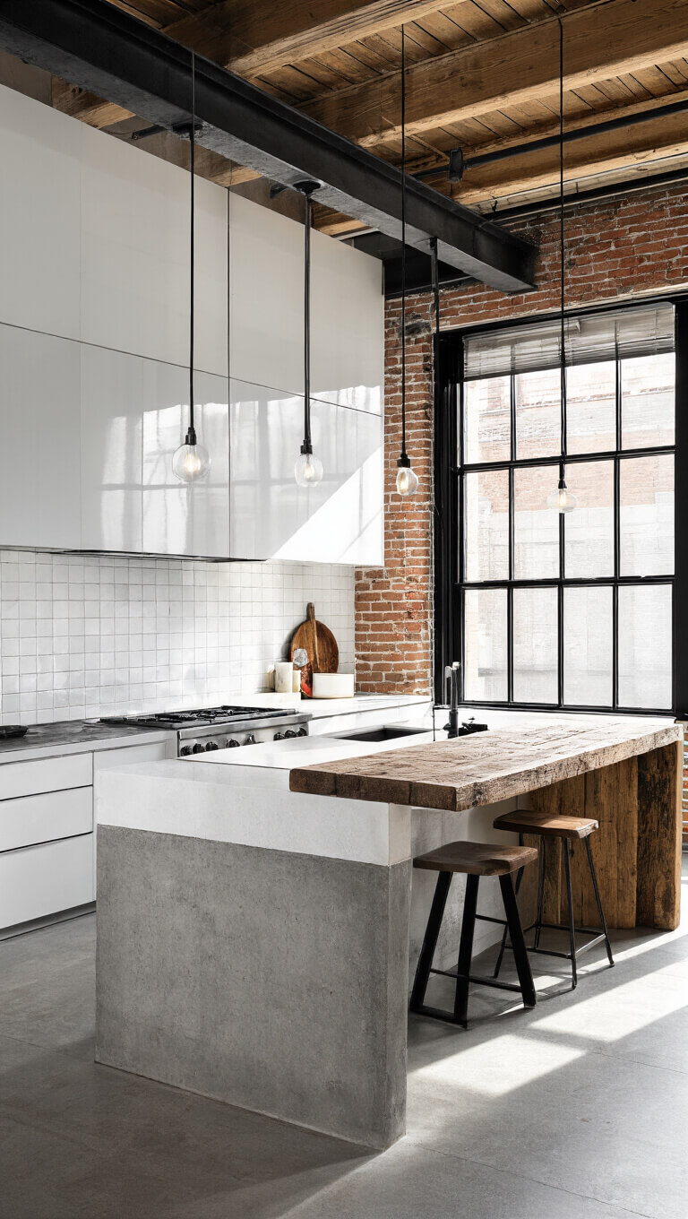 Modern-industrial kitchen with exposed brick, steel beams, reflective white cabinets, black-framed windows, and a concrete and reclaimed wood island lit by morning sunlight.