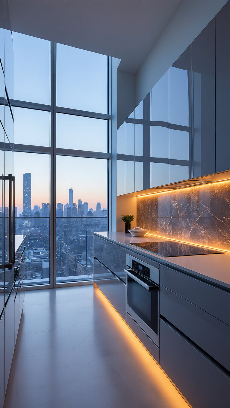 Minimalist kitchen at twilight with grey cabinets, glowing onyx backsplash, and city views through floor-to-ceiling windows.