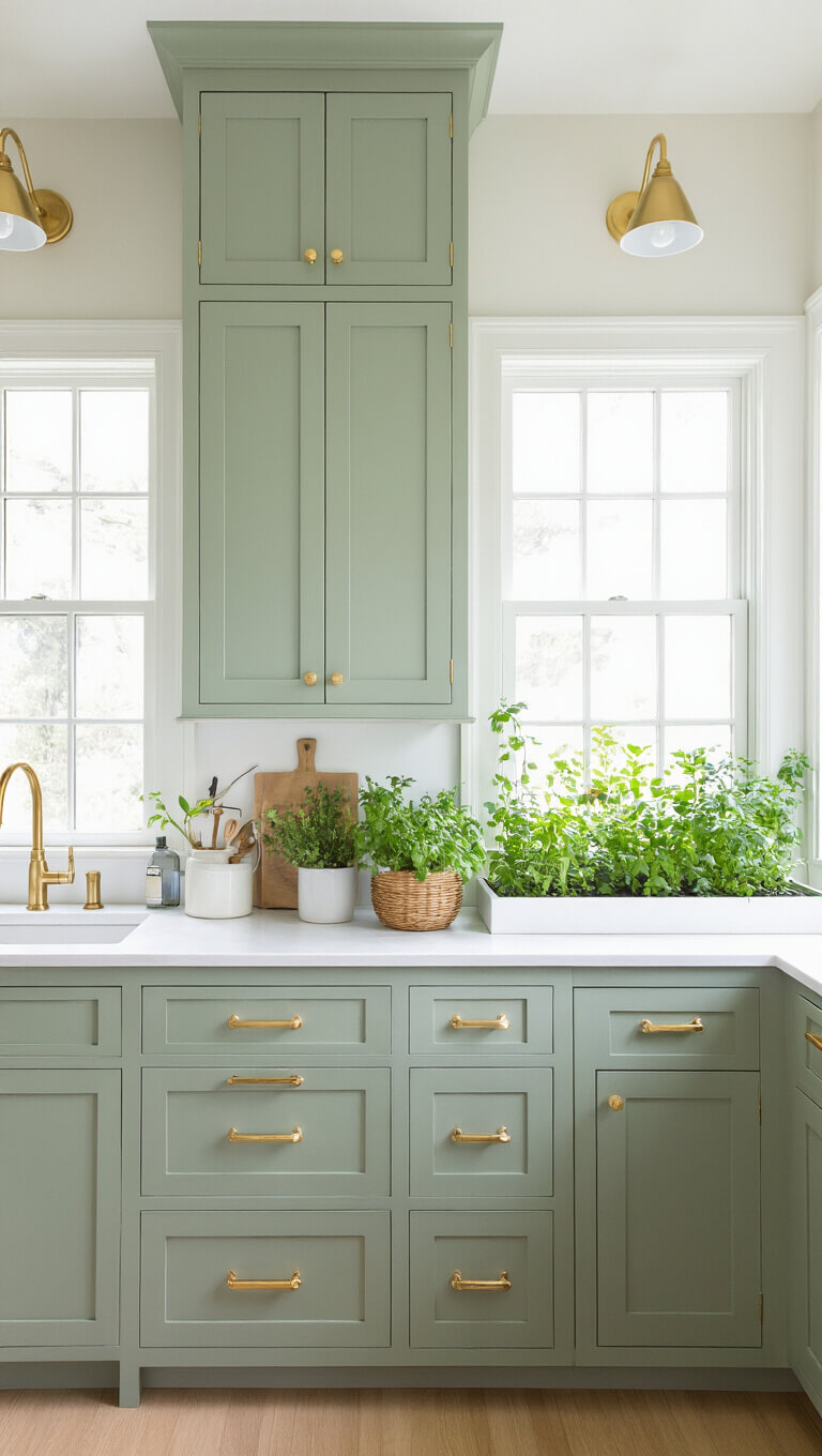Low-angle view of a compact 10x12ft kitchen with sage green double-height cabinets, brass hardware, white Corian counters, and a built-in herb garden by the window.