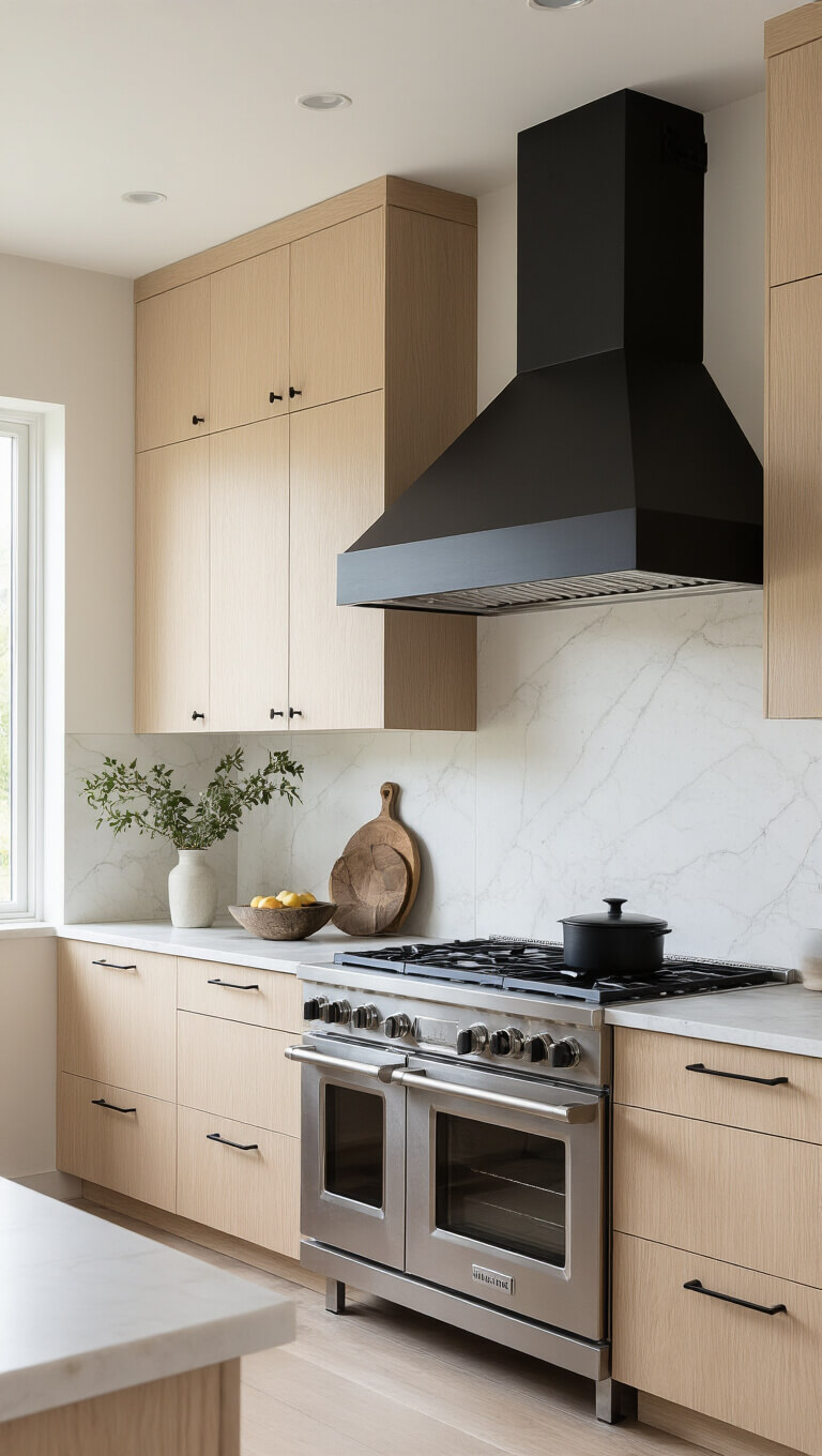 Scandinavian-modern kitchen with pale wood cabinets, white stone surfaces, sculptural range hood, and black accents under bright midday lighting.