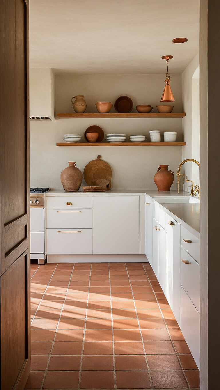 Modern Mediterranean kitchen with terracotta floors, white cabinets, copper accents, and vintage ceramics in dramatic late afternoon lighting.