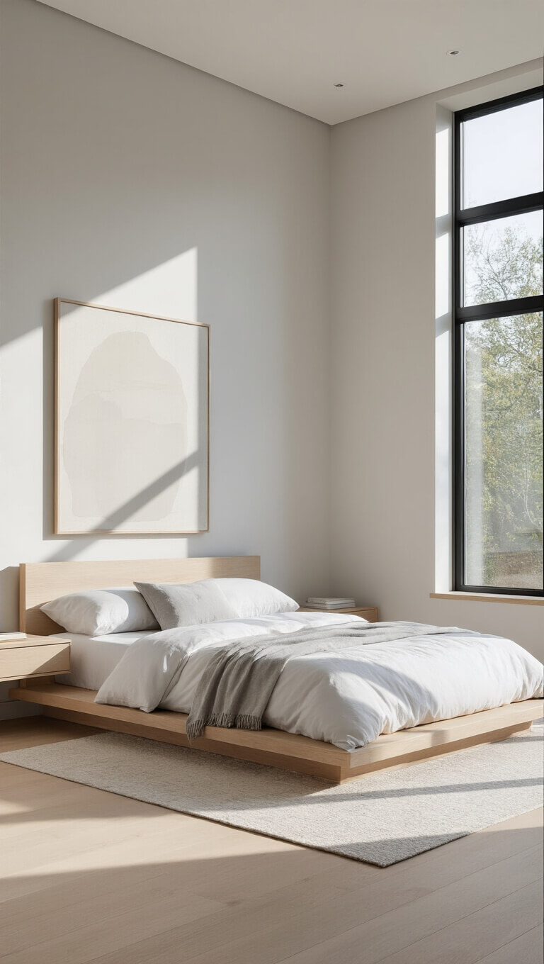 Minimalist master bedroom with low-profile bleached oak bed, white and gray bedding, floor-to-ceiling windows with morning sunlight, matching floating nightstands, pale grey walls, white oak floors, and large abstract artwork.