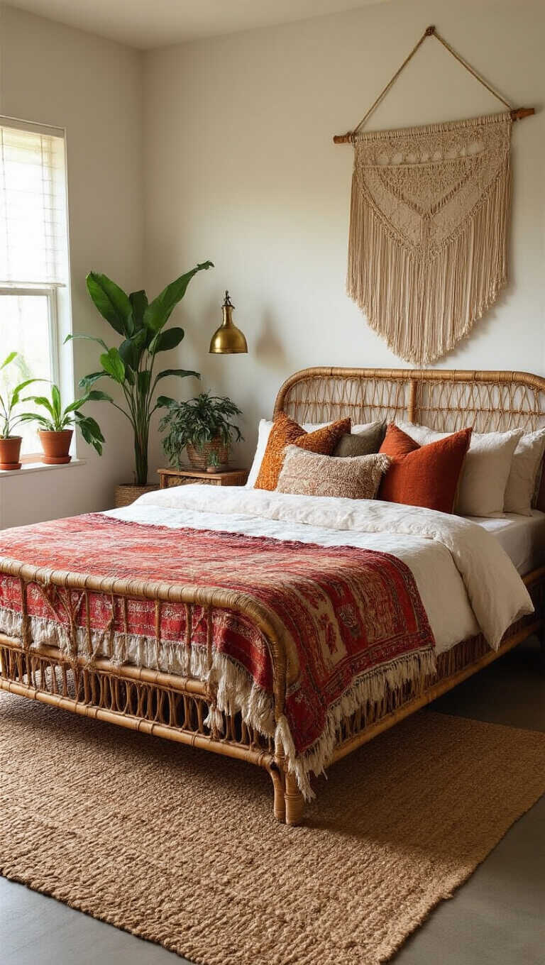 Cozy bohemian bedroom with rattan bed, layered Moroccan textiles, macramé wall hanging, warm lighting, and lush potted plants.