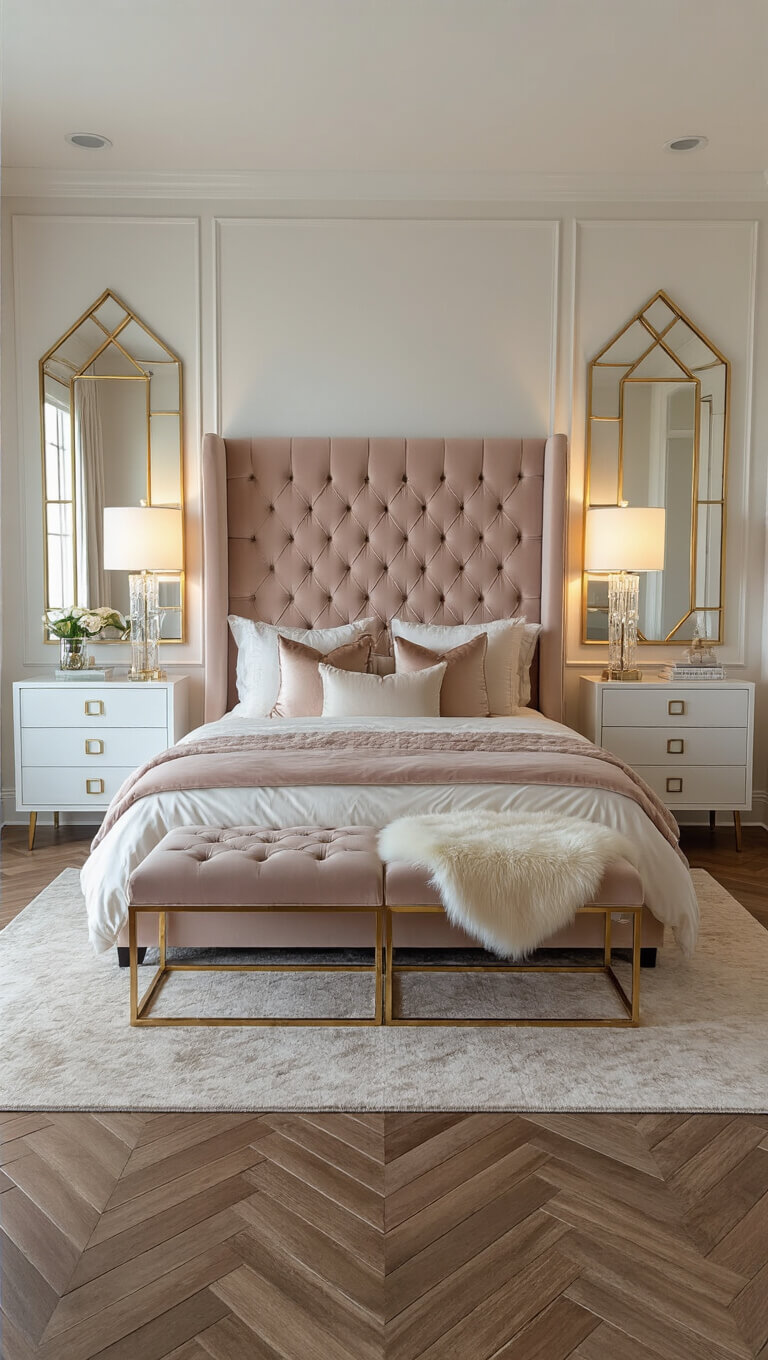 Modern glam bedroom with blush velvet wingback headboard, gold mirrors, crystal lamps, and plush champagne accents in soft dusk lighting.