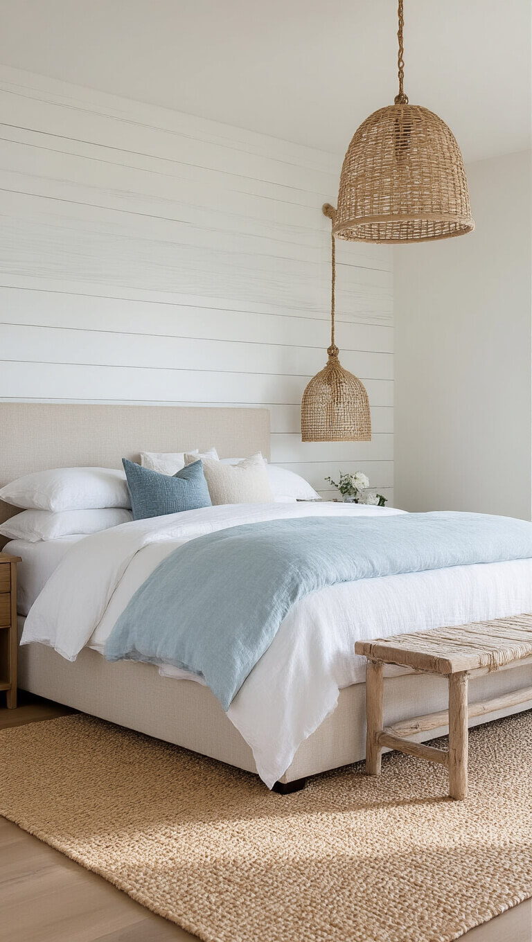 High-angle view of a bright coastal modern bedroom with shiplap accent wall, linen headboard, white textured bedding, pale blue accents, seagrass rug, and woven pendant light.