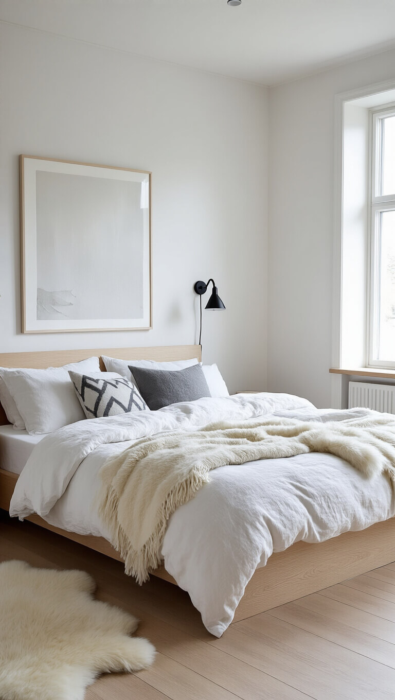 Scandinavian bedroom with light wood floors, white textured walls, minimal décor, and a pale oak platform bed with white linens and grey geometric pillows.