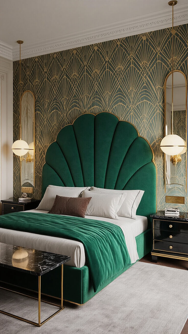 Art Deco revival bedroom with emerald green velvet headboard, brass accents, geometric wallpaper, marble side tables, and dramatic evening lighting.